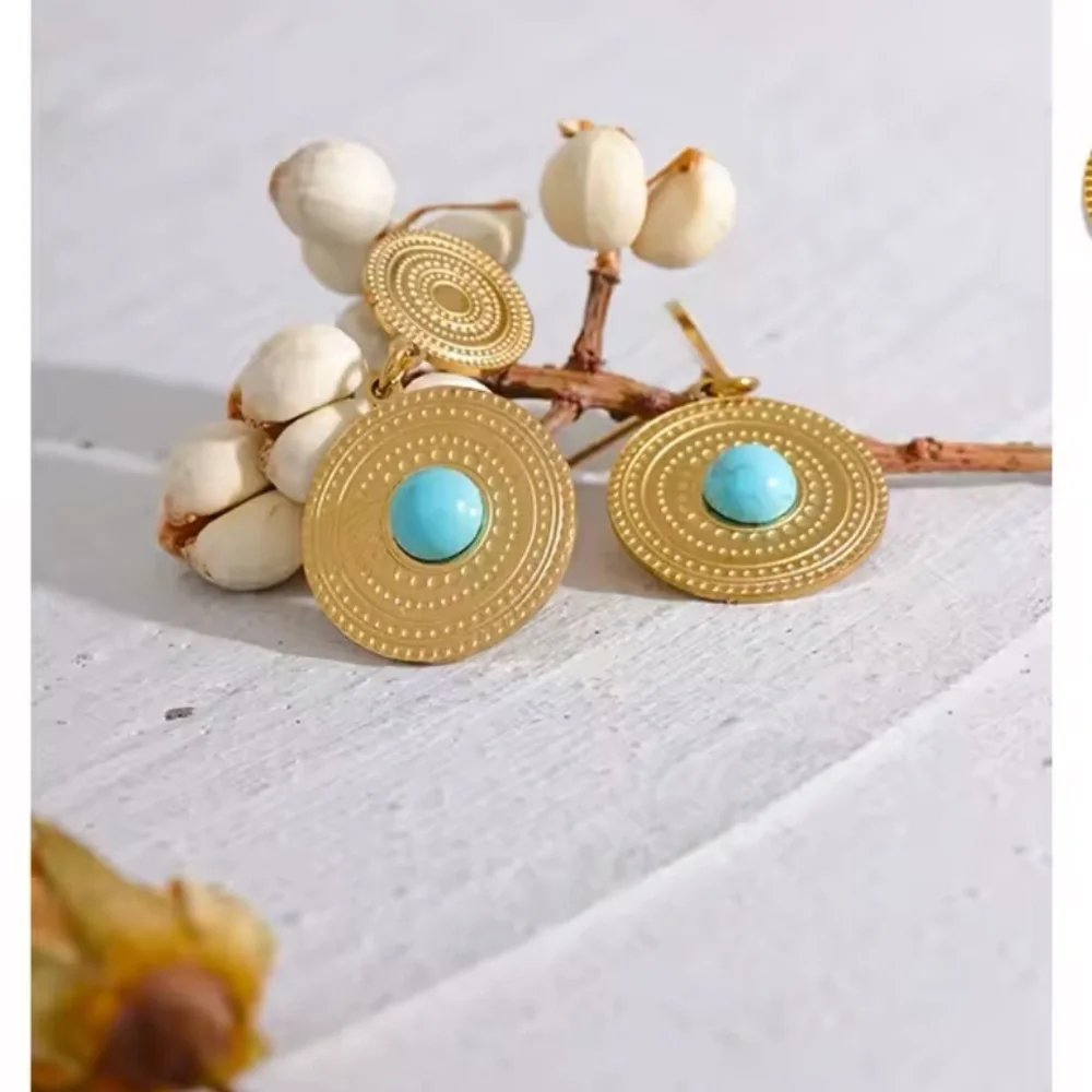 Turquoise Sunburst Drop Earrings – Stainless Steel, PVD Real Gold Plated - Picture 1 of 6